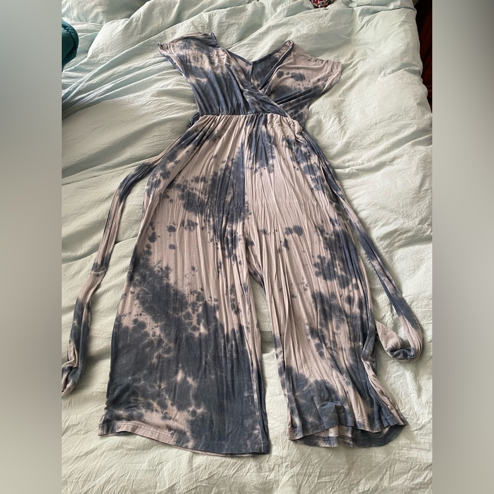 Latched Mama Tie-Dye Jumpsuit in Blue and Cream